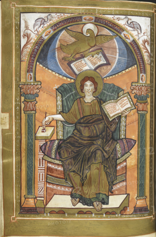 Miniature of an Evangelist portrait of John, 1st quarter of the 9th century.  Creator: Unknown.