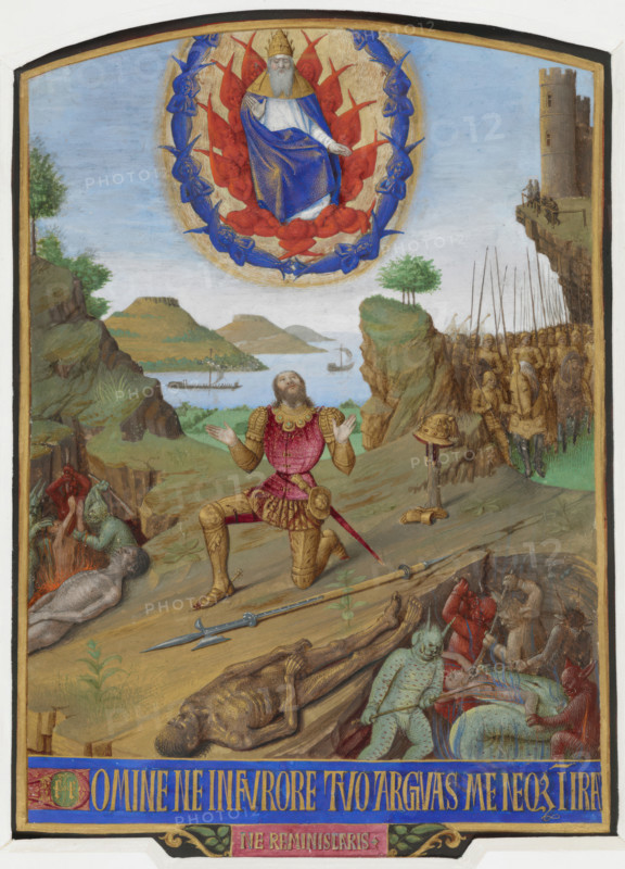 David, in armour, kneeling in penitence before the Almighty with his army, c1452-1460. Creator: Unknown.