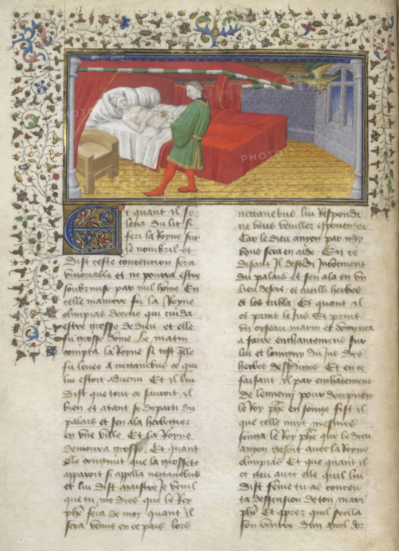 Miniature of Nectanebus practicising the enchantments of Olympias, who lies in bed, c1420.  Creator: Unknown.