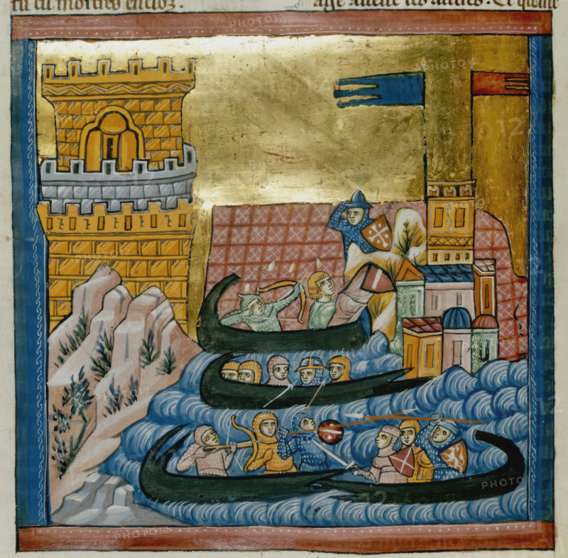 Naval battle between the fleets of Crete and Athens, with troops in a ship..., c1285. Creator: Unknown.