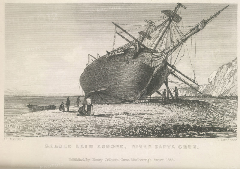 Beagle laid ashore, River Santa Cruz, 1834 (1839).  Creator: Thomas Landseer.