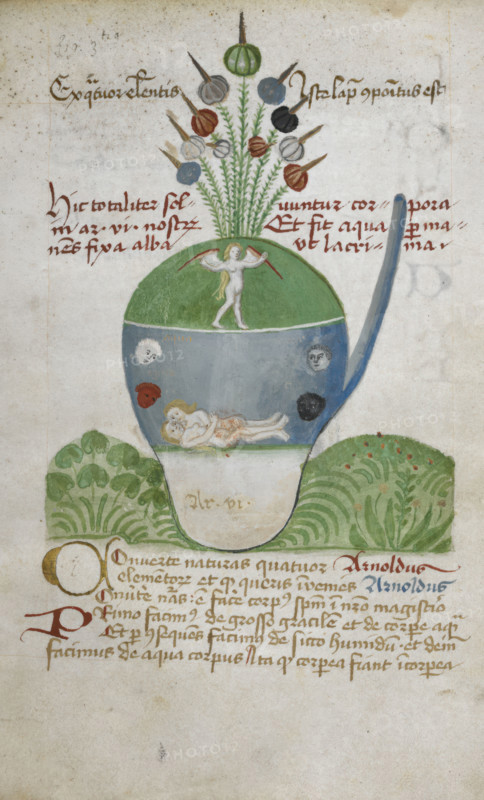 Glass vessel containing figures relating to alchemical experimentation, second half 15th century.  Creator: Unknown.