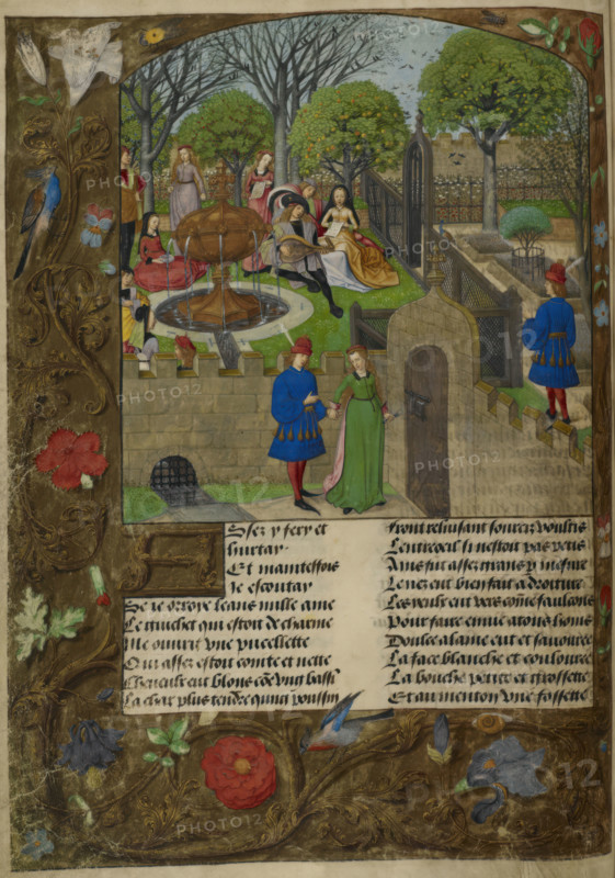 Lutenist and singers in a walled garden, the Lover and Dame Oyseuse..., 1490-1500. Creator: Unknown.
