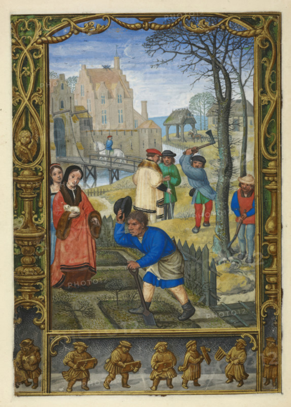Calendar scene for March: gardening and felling trees, 1520-1530.  Creator: Unknown.