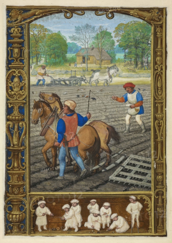 Calendar scene for September: Ploughing, sowing and harrowing, 1520-1530.  Creator: Workshop of Simon Bening.