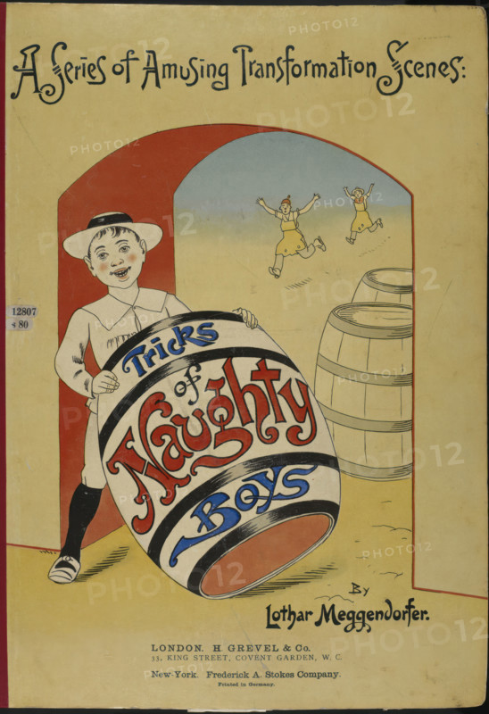 Boy holding a large barrel - book cover, 1900. Creator: Lothar Meggendorfer.