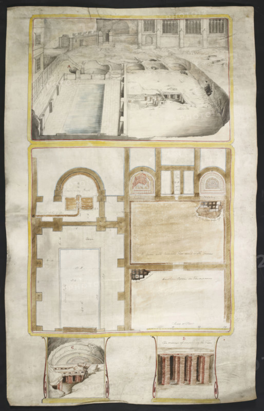 View and plans of the Roman baths at Bath, co. Somerset..., 1762. Creator: William Hoare.