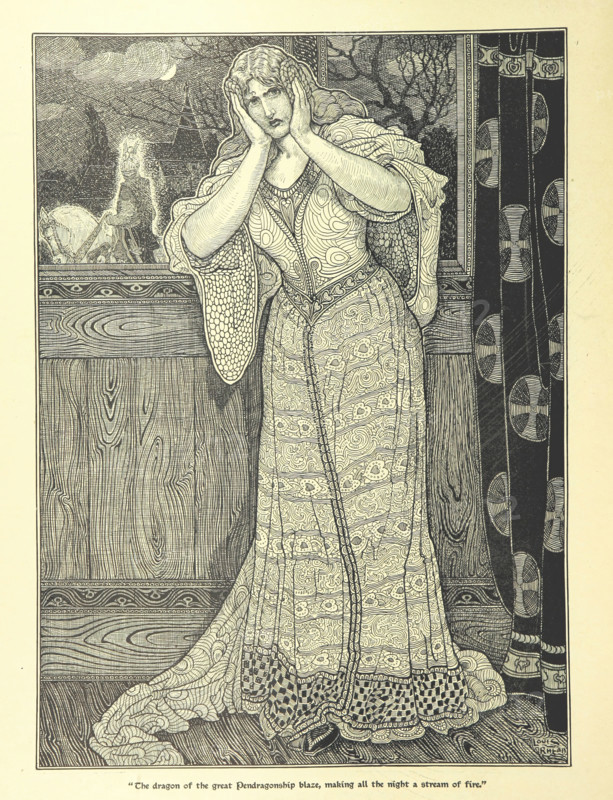The dragon of the great Pendragonship blaze, making all the night a stream of fire, 1898.  Creator: Louis John Rhead.