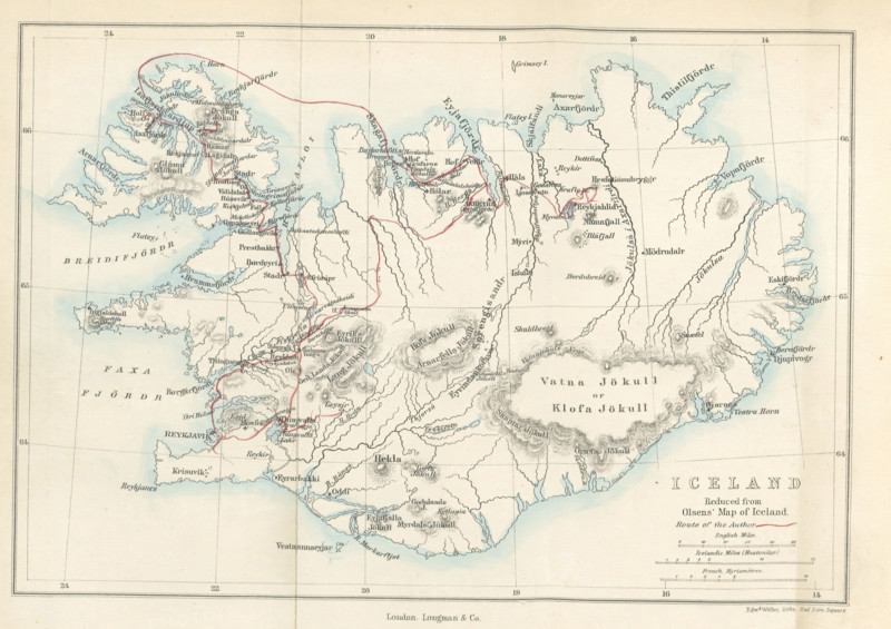 Iceland, Reduced from Olsens' Map of Iceland, 1867. Creator: Edward Weller.