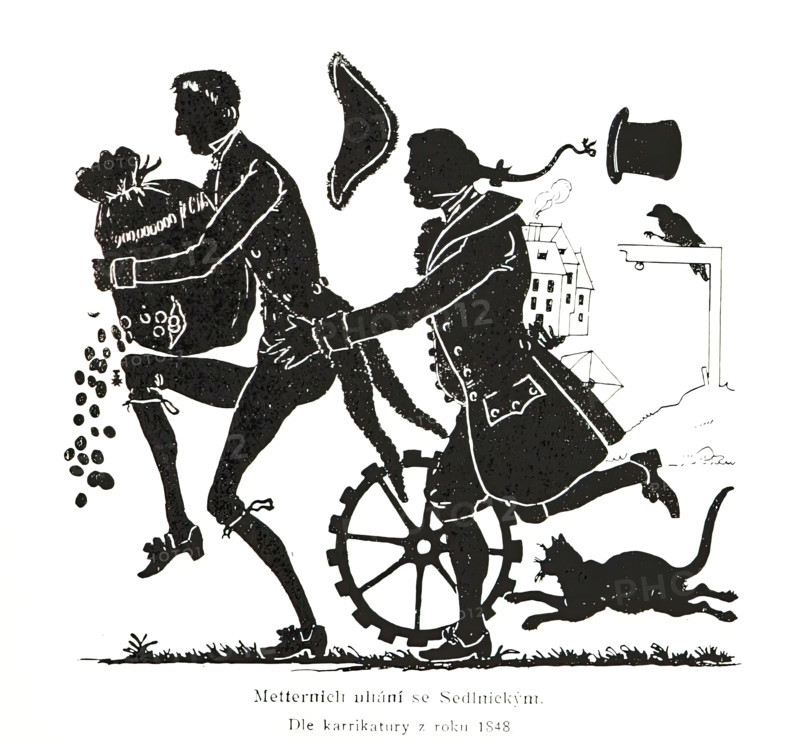 Metternich runs away with Sedlnicky. According to the cartoon from the year 1848, (1898).  Creator: Unknown.