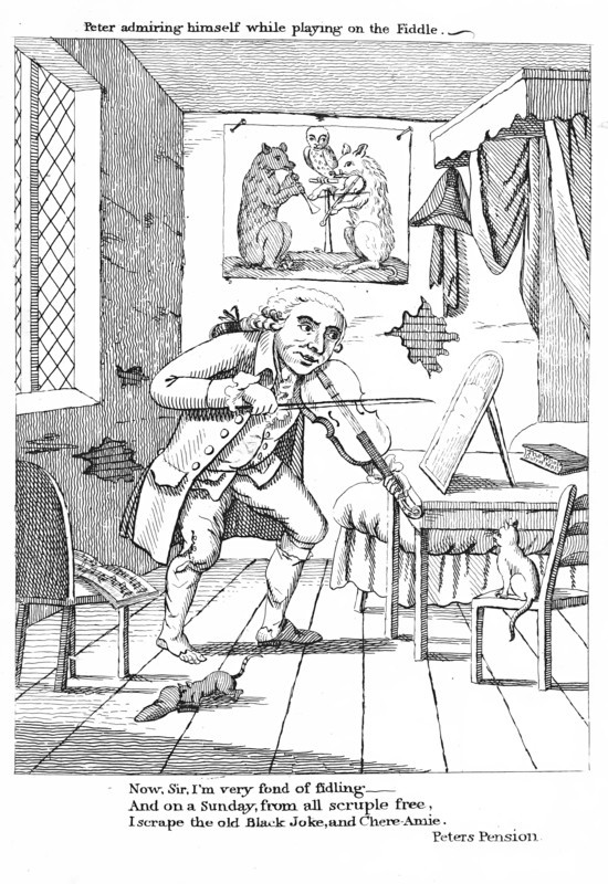 Peter admiring himself while playing n the Fiddle, 1788.  Creator: Unknown.