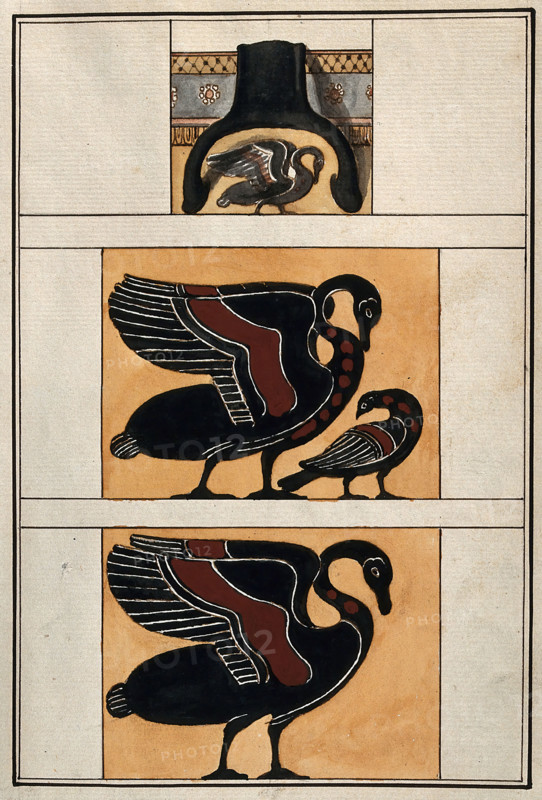 Above, detail of the handle of a black-figured Greek vase; middle, stylised swan..., 1760-9. Creator: Augustin Dahlsteen.