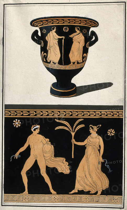 Above, a red-figured Greek wine bowl (krater); below, detail of the decoration showing..., 1760-69. Creator: Augustin Dahlsteen.
