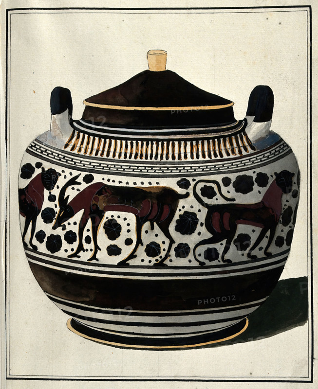 Greek lidded vessel (Corinthian lebes gamikos ?) decorated with a frieze of stylised..., 1700-1799. Creator: Augustin Dahlsteen.