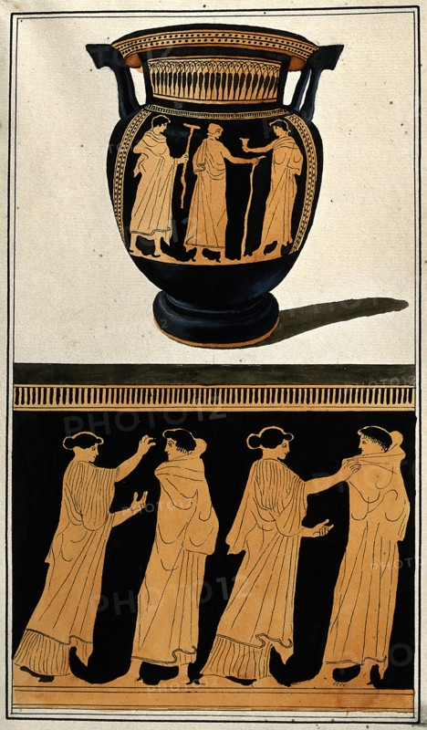Above, red-figured Greek wine bowl (column krater); below, detail of decoration..., 1760-9. Creator: Augustin Dahlsteen.