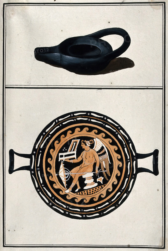 Above, black lamp; below, drinking vessel with two handles, decorated with a winged..., 1760-9. Creator: Augustin Dahlsteen.