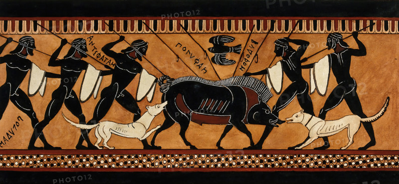 Detail of a frieze decorating a Greek black-figured column krater representing a group..., 1760-9. Creator: Augustin Dahlsteen.