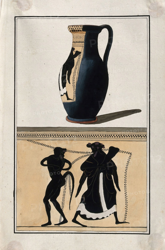 Above, black-figured Greek wine jug (oinochoe); below, detail of decoration showing a man..., 1760-9 Creator: Augustin Dahlsteen.