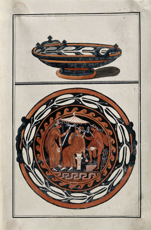 Above, red-figured Greek cup (kylix?); below, detail of decoration showing an outdoor..., 1760-9. Creator: Augustin Dahlsteen.