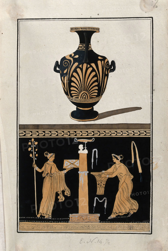 Above, red-figured Greek water jar (hydria) decorated with a palm motif; below..., 1760-9. Creator: Augustin Dahlsteen.