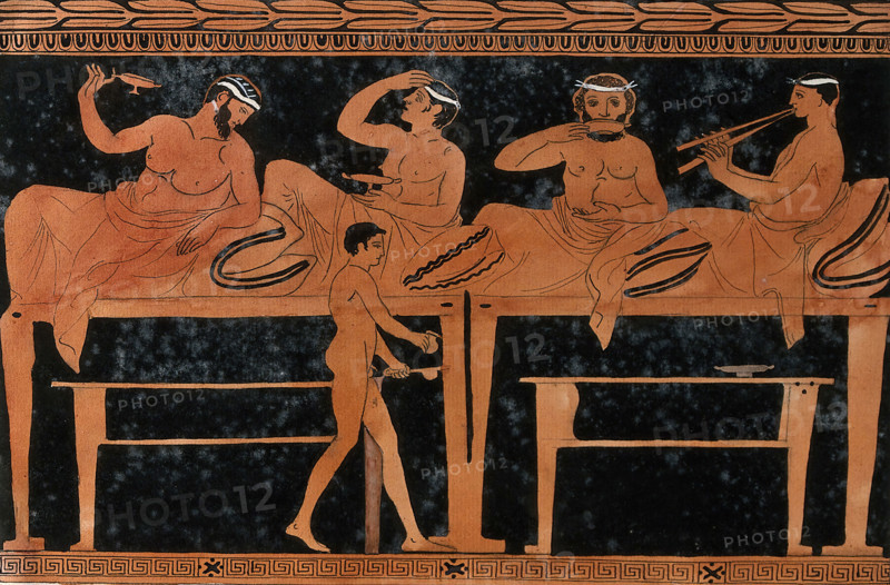 An episode on a Greek red-figured wine-mixing bowl (bell-krater): four reclining..., 1760-9. Creator: Augustin Dahlsteen.