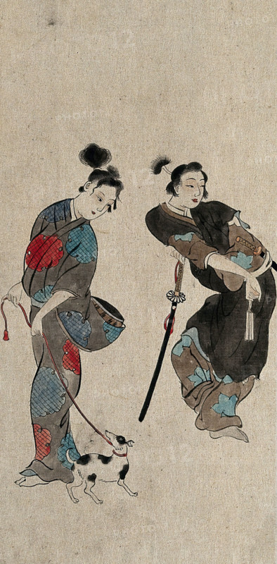 A Japanese woman taking a dog for a walk compared with an effeminate samurai, between 1800 and 1899. Creator: Unknown.