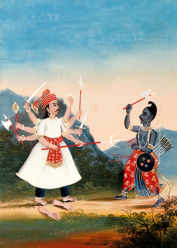 The king Kartavirya Arjuna (left) is attacked by Vishnu as Parashurama (right). Creator: Unknown.