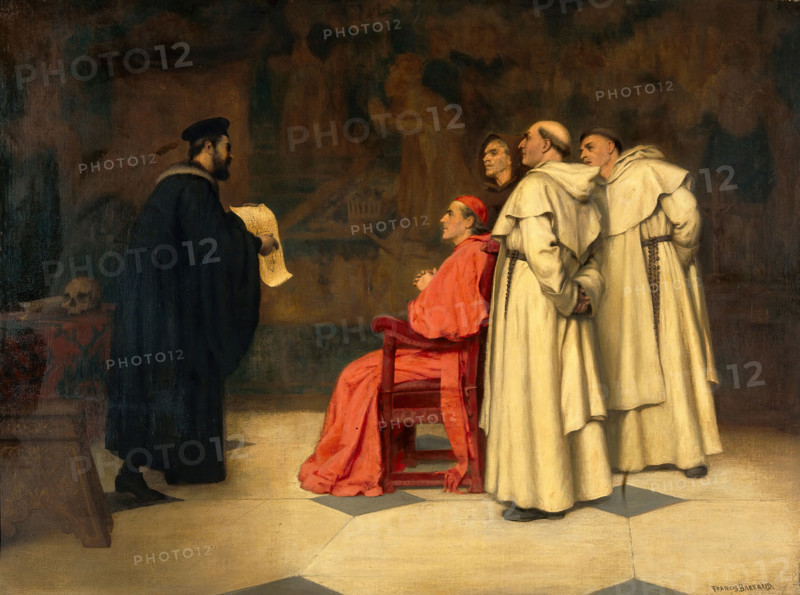 Gabriel Falloppius [Fallopius] explaining one of his discoveries to the Cardinal Duke of Ferrara. Creator: Francis Barraud.