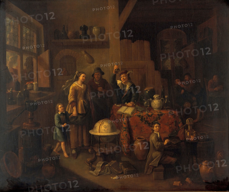 A man examining a urine flask. Creator: Bossche, Balthasar van den, 1681-1715 (After).