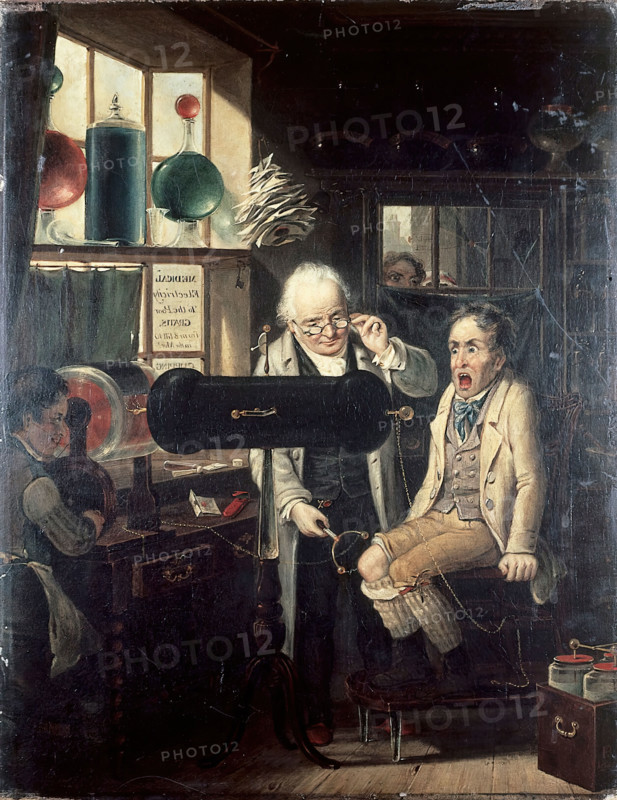 Dispensing of medical electricity (electrotherapy), 1824. Creator: Edmund Bristow.