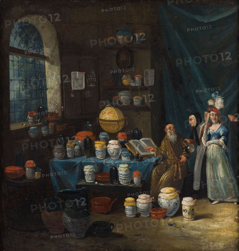 A philosopher in his study, consulted by an old woman to determine from a flask of urine, 1680-1799. Creator: Egbert van Heemskerck I.