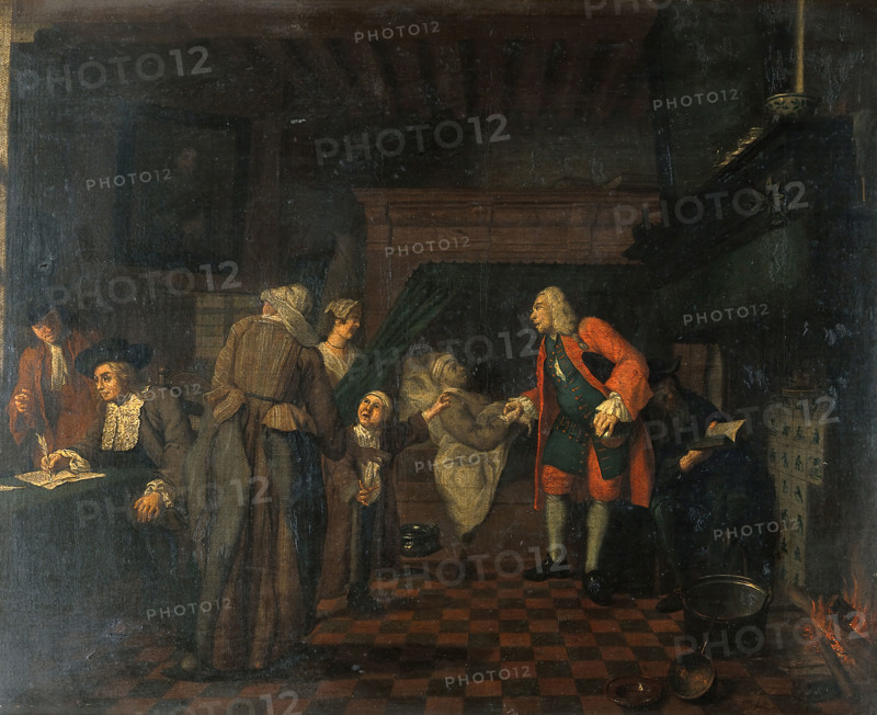 Interior with a medical practitioner attending to a sick man in the presence of other figures, 1751. Creator: Jan Josef Horemans I.