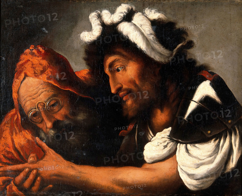 A fortune-teller reading the palm of a soldier, 1600-1699. Creator: Pietro della Vecchia.