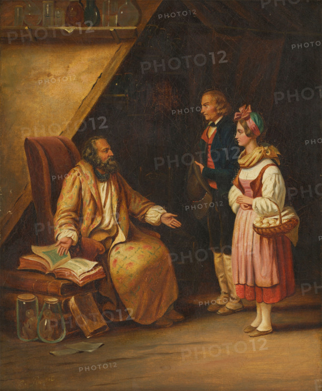 A young couple visit a savant who consults ancient volumes in order to provide counselling...(1833?) Creator: Edouard Pingret.