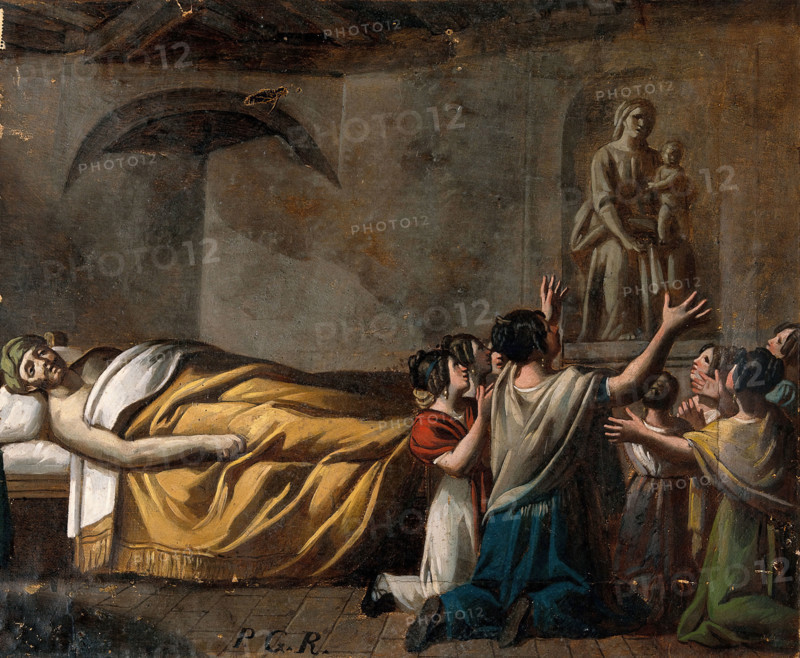 A man in bed, women praying to the Madonna del Parto. Creator: Unknown.