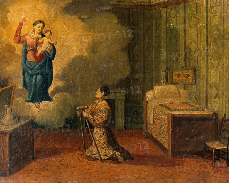 Votive picture: a woman kneeling with crutches, praying to the Virgin and Child. Creator: Unknown.