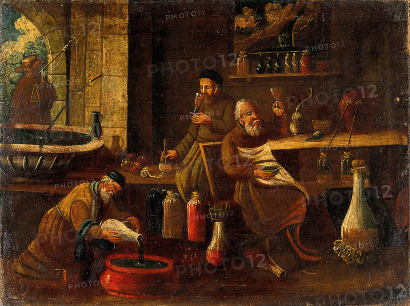 Men (monks?) making and sampling wines, spirits, or other beverages or medicines. Creator: Unknown.