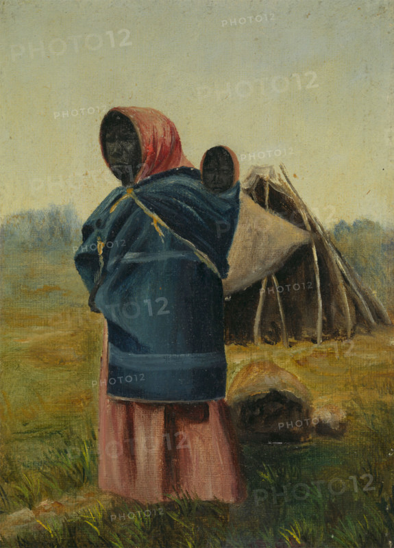 A woman carrying a baby on her back, a tent in the background, between 1800 and 1899. Creator: Unknown.