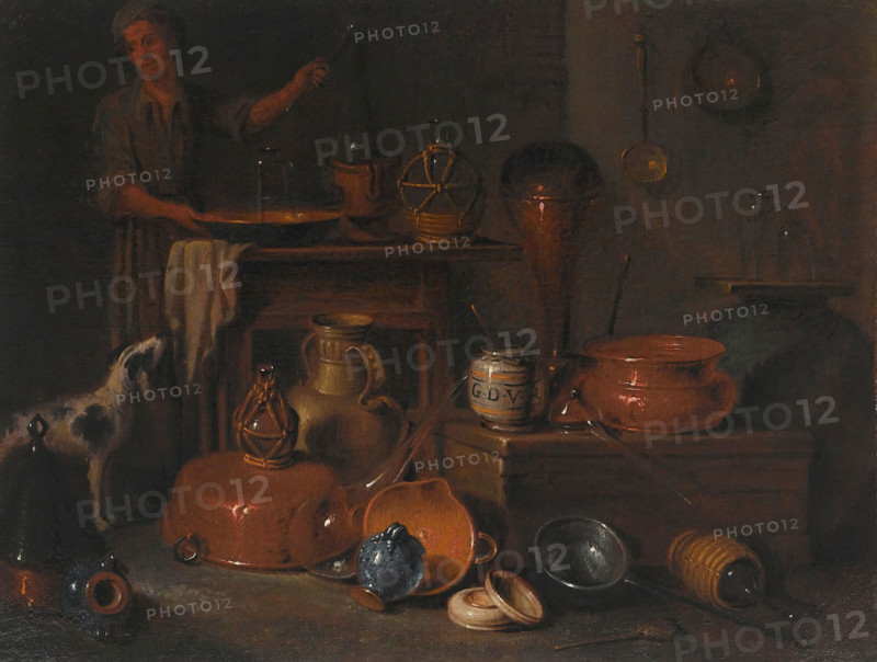 Pharmaceutical vessels: still life with a man and a dog. Creator: Giovan Domenico Valentino.