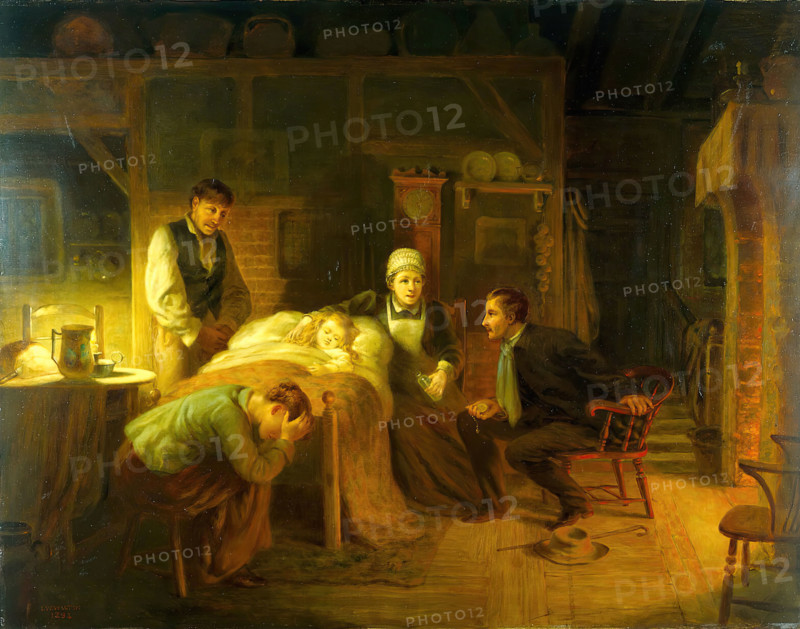 Anxious moments: a sick child, its grieving parents, a nursemaid and a medical practitioner, 1894. Creator: John Whitehead Walton.