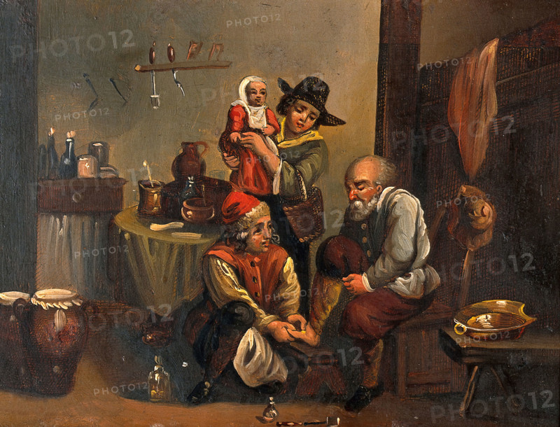 Interior of a surgery with a surgeon attending to a man's foot, and a woman..., c1680s. Creators: Unknown, Follower of David Teniers II.