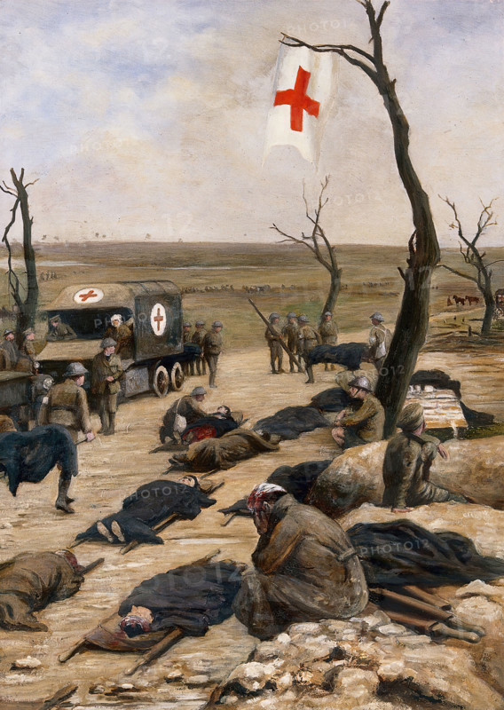 World War I: an advanced dressing-station by the roadside. Creator: Francis Barraud.
