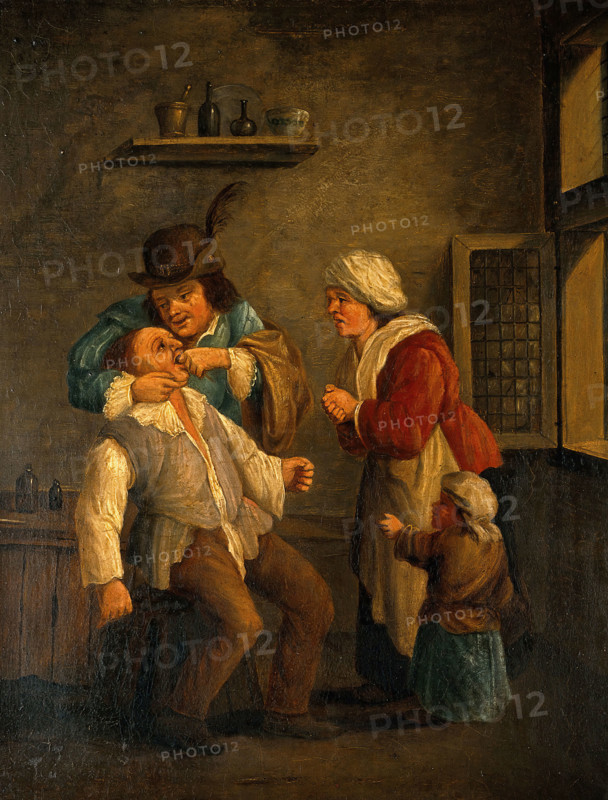 A tooth-drawer operating on a man, with a woman and child looking on. Creator: Both, Andries Dirksz, approximately 1608-1641? (After).