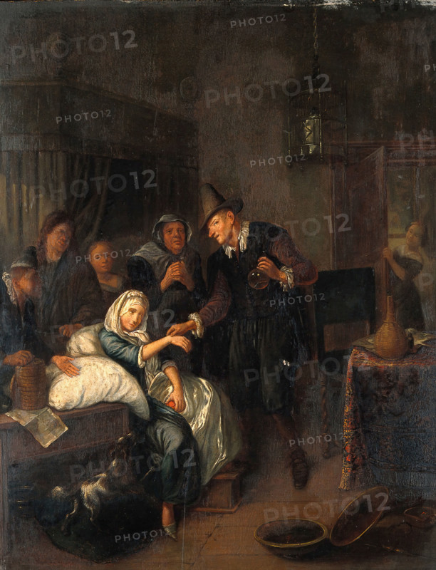 A medical practitioner taking a girl's pulse and holding a flask of her urine, with four other... Creator: Brakenburg, Richard, 1650-1702 (After).