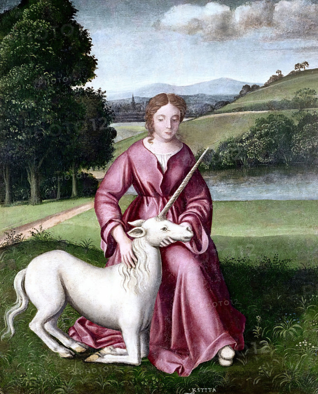 A virgin and a unicorn; representing chastity. Creator: Dosso Dossi.