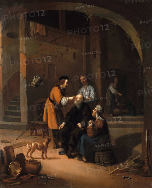 Tobias restoring the eyesight of Tobit, 1600-1699. Creator: Gerrit Dou.