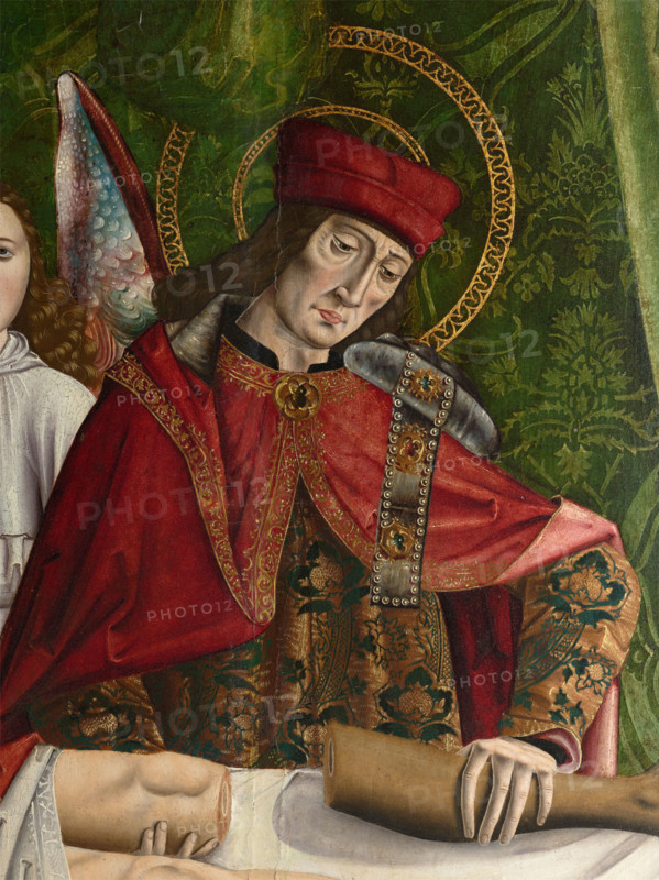 A verger's dream: Saints Cosmas and Damian performing a miraculous cure by transplant..., 1495. Creator: Master of Balbases.