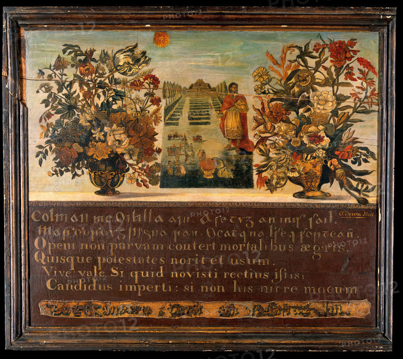 Vases of flowers and a botanic garden with Saint Peter. Creator: Thomas O'Brien.