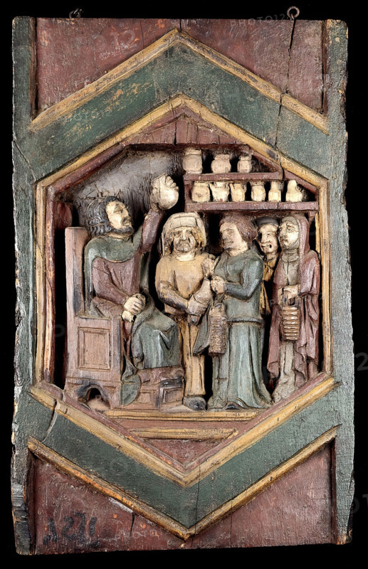 A medical practitioner examining urine brought by his patients. Painted relief after Nino Pisano.. Creator: Pisano, Nino, approximately 1315-approximately 1368 (After).