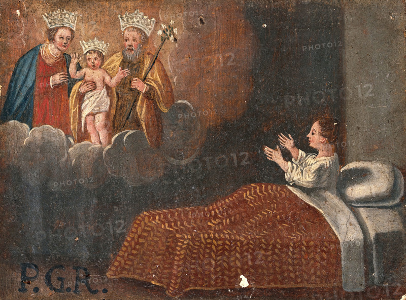 A child in bed praying to the Holy Family. Creator: Unknown.